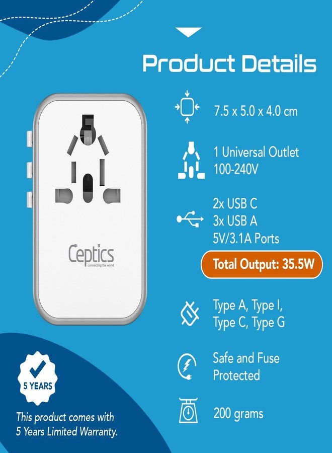سبتكس محول سفر عالمي 6 في 1 من سيبتكس - منفذ USB-C، منفذ USB-A، شحن سريع PD/QC 3.0، منفذ USB-C، أسود - محول سفر عالمي، شحن سريع، 3.1 أمبير كحد أقصى، 240 فولت، حاصل على شهادات FCC وCE وRoHS، حماية من زيادة التيار - Image 5